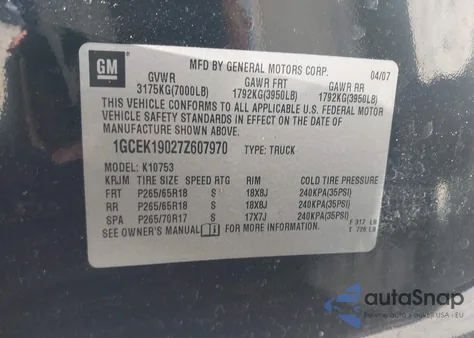 2007 Chevrolet Silverado 1500 Lt2 from USA, damaged, VIN 1GCEK19027Z607970